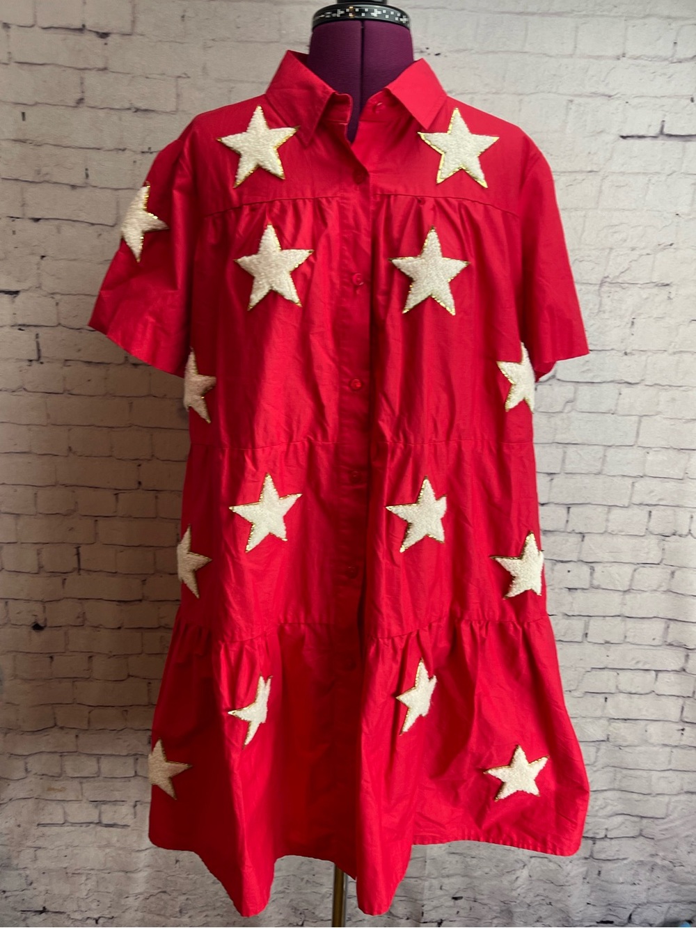 Belle Cher size xl red tiered mini dress with star patches